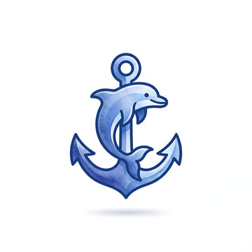 Modern maritime logo with anchor merged with dolphin and watercolor texture on white