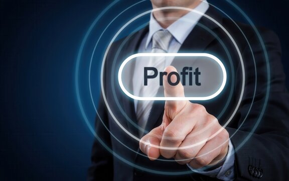 Businessman pressing a virtual button with profit text