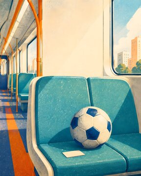 sports football soccer ball on empty public transport seat, urban match day travel and commuting concept

