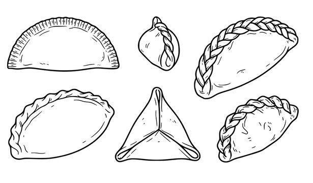 Empanada and Pastry Vector Icon Set Featuring Various Traditional Dough Folds Braids and Shapes for Restaurant Menus Food Blogs and Culinary Designs