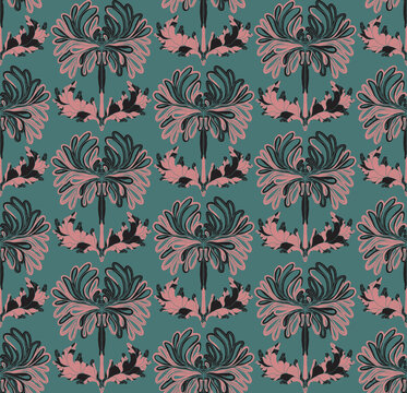 Seamless pattern with stylized flowers and leaves in folk art style. Vintage botanical print inspired by traditional motifs. Contemporary linocut inspired ornamental design