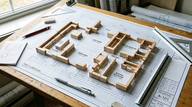 Wooden blocks arranged as house walls on a residential floor plan blueprint