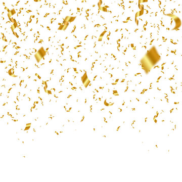 Shiny golden confetti with large curls, small pieces and bright reflections.