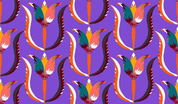 Seamless floral pattern with stylized decorative flowers and leaves in folk art style. Vintage ornamental print inspired by traditional motifs. Scandinavian style, ethnic motifs