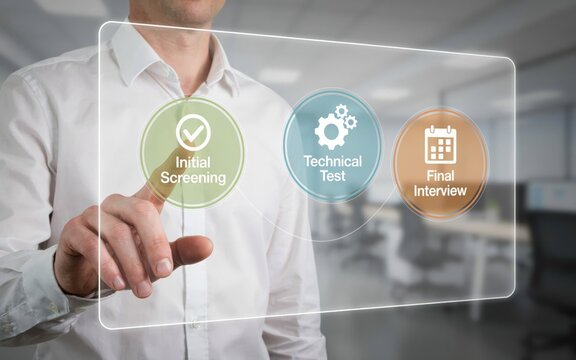 Businessman touching a virtual screen with recruitment process steps
