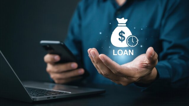 Businessman holding a digital loan icon with a money bag and clock