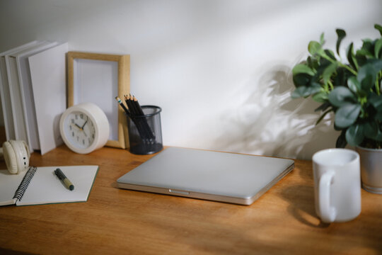 Minimal home office workspace with closed laptop, notebook, eyeglasses, coffee mug, books and green plant on a wooden desk with copy space.