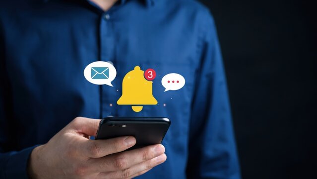 Person holding smartphone with digital notification icons