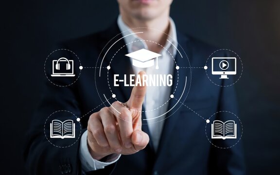Businessman touching digital interface with elearning icons