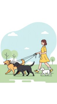 Woman walking multiple dogs in a park on a sunny day.