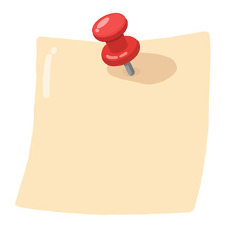 A red pin secures a blank beige sticky note on a white background