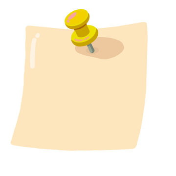 A yellow pushpin secures a beige paper note on a white background