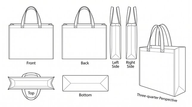 Tote Bag Technical Drawing Vector Mockup with Front Back Side Top Bottom and Perspective Views for Fashion Design
