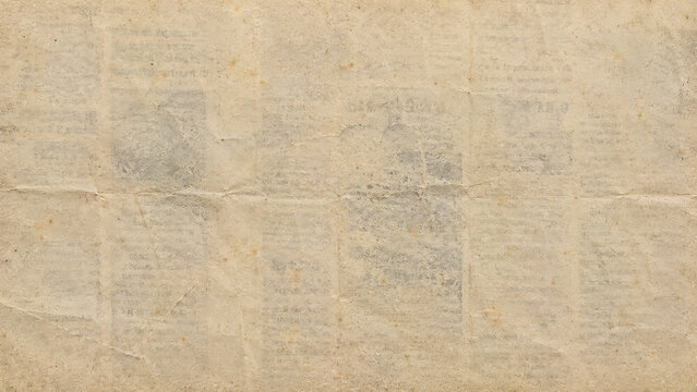 Vintage crumpled paper texture, old yellowed newspaper background with faded text pattern, distressed printable stock, retro grunge abstract design element