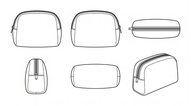 Cosmetic Bag Technical Drawing Set - Toiletry Pouch Flat Sketch Template with Front, Back, Side, Top, and Bottom Views