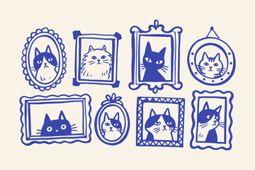 Fototapeta premium Cat Portrait Frames Naive Art Set Illustration