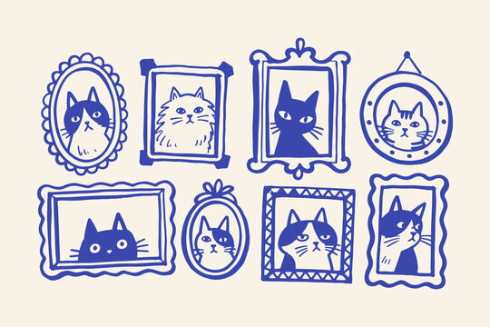 Cat Portrait Frames Naive Art Set Illustration