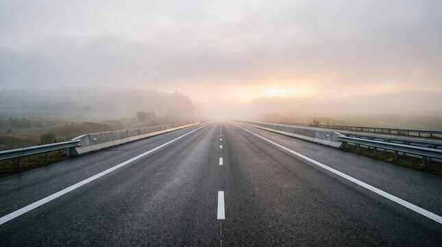 Empty highway road stretching forward under a misty sunrise sky with low clouds