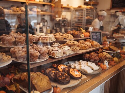 Bakery glass display case filled with halloween ghost cookies, pastries and autumn treats