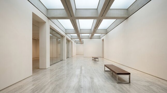 Modern minimalist art gallery interior with white walls, polished stone floor, wooden benches, and natural light from a coffered glass ceiling