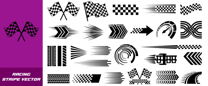 racing stripe vector set, racing flags, checkered patterns, speed lines, arrows, and start finish banners illustration, race element for motorsport designs, race graphics, vector art, and automotive