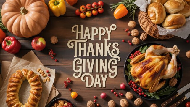Thanksgiving Roasted thanksgiving turkey with festive holiday dinner sides and happy thanksgiving text on dark wooden background USA
