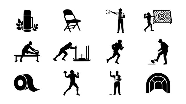 Collection of black and white icons representing various sports and fitness activities