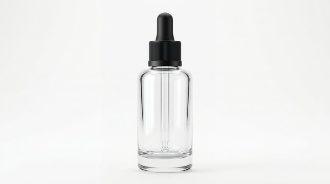 Clear glass dropper bottle with black dropper lid, empty and ready for cosmetic or pharmaceutical liquid products