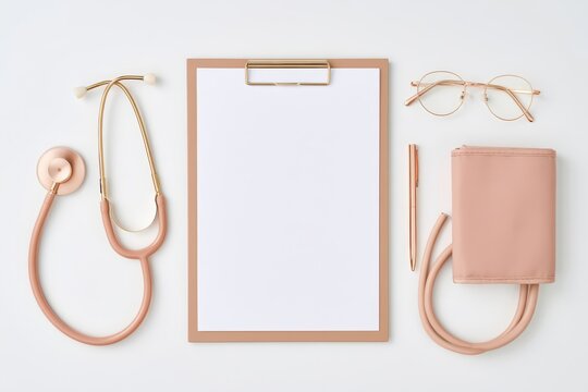 Overhead flat lay of medical essentials including stethoscope clipboard glasses and blood pressure cuff on white background