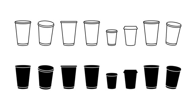 Various styles of disposable paper cups with lids and transparent background
