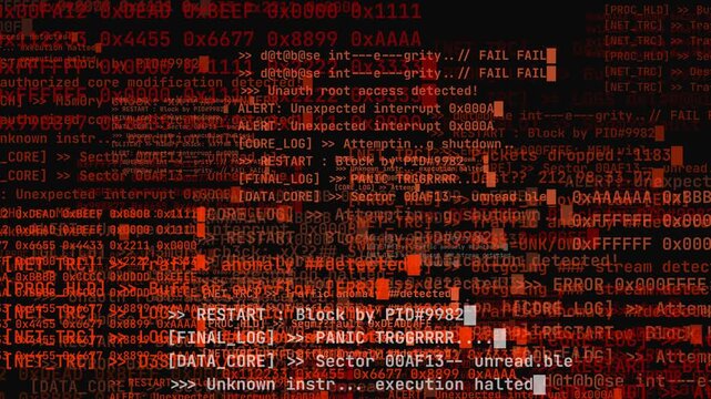 Hacker terminal scrolling code with glitch distortion and orange hex data for cybersecurity data breach concepts.