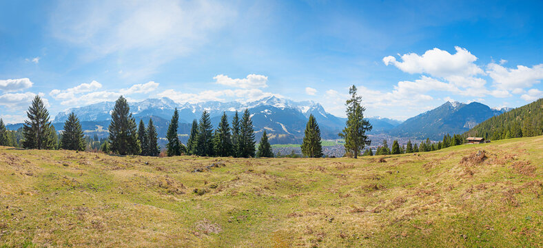 a beautiful place with view to Wetterstein alps and Zugspitze mountain. bavaria in early spring