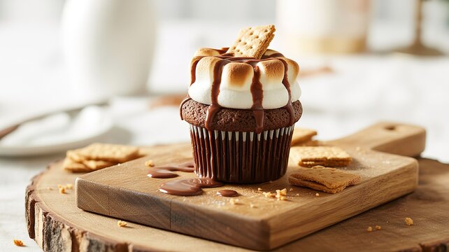 Gourmet chocolate cupcake with vanilla frosting and gold sprinkles on rustic wooden board