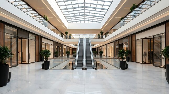 Modern shopping mall interior with marble floors and glass escalators