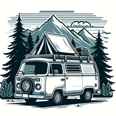 Obraz premium Adventure Van Camping Amidst Mountain Scenery