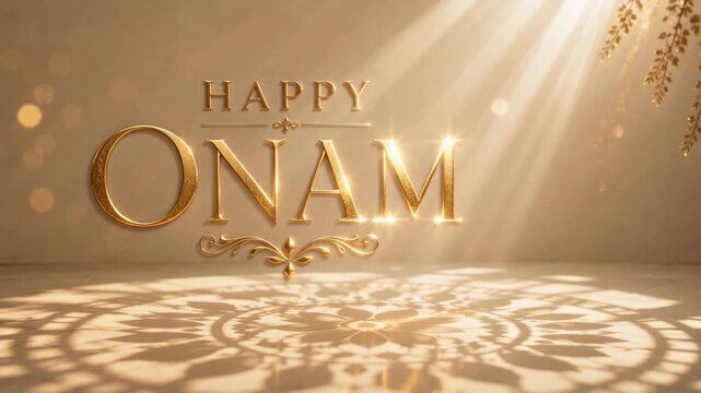Ornate happy onam lettering over a golden floor pattern with soft ceremonial light, traditional south indian celebration, festive holiday greeting, cultural seasonal message, festive decor
