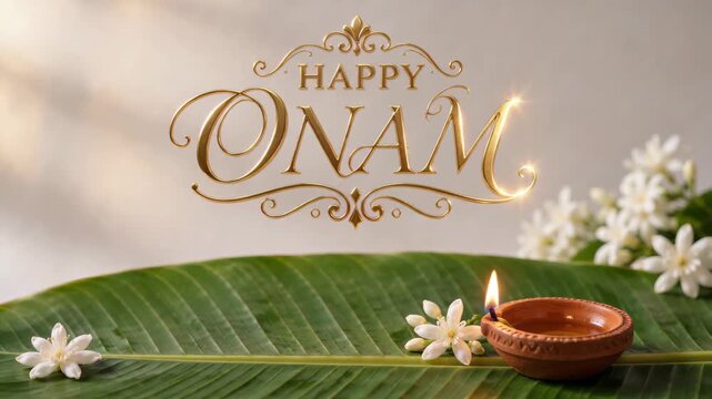 Happy onam greeting above a green banana leaf with a small clay lamp plus jasmine blossoms, traditional oil lamp ritual, warm ceremonial glow, south indian heritage, warm light, copy space