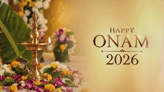 Happy onam 2026 greeting beside a brass lamp plus colorful flower decorations, traditional south indian celebration, festive holiday greeting, warm golden background, decorative copy space
