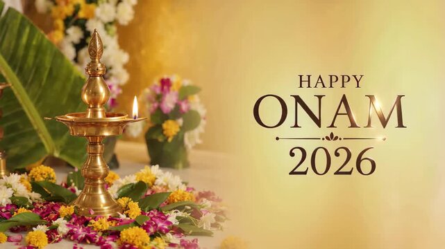 Happy onam 2026 greeting beside a traditional brass lamp plus festive flower arrangements, kerala harvest festival, warm golden background, cultural seasonal message, decorative copy space