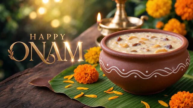 Creamy payasam topped with nuts in a painted clay bowl beside a happy onam greeting, kerala harvest festival, traditional sweet dessert, banana leaf presentation, south indian food culture