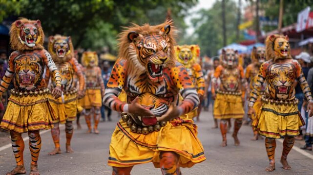 Pulikali tiger dancer in striped body paint leading a colorful onam street procession, traditional pulikali performance, energetic street celebration, festive public procession, warm light