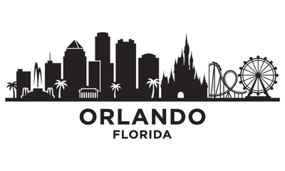 Naklejka premium Black and white silhouette skyline of orlando florida featuring city buildings and iconic theme park landmarks