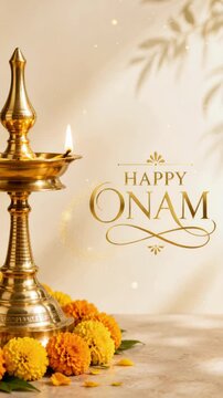 Vertical happy onam greeting beside a tall brass lamp plus marigold flower decoration, kerala harvest festival, traditional oil lamp ritual, warm ceremonial glow, festive floral decoration