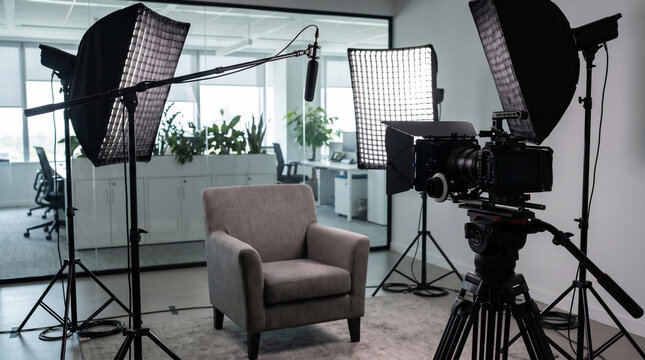 Empty interview chair staged with lighting rig boom microphone and camera for video production
