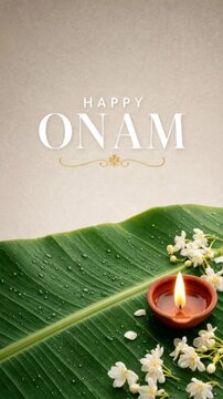 Happy Onam festival greeting with banana leaf, oil lamp and jasmine flowers, traditional harvest celebration background with Kerala culture and festive decoration