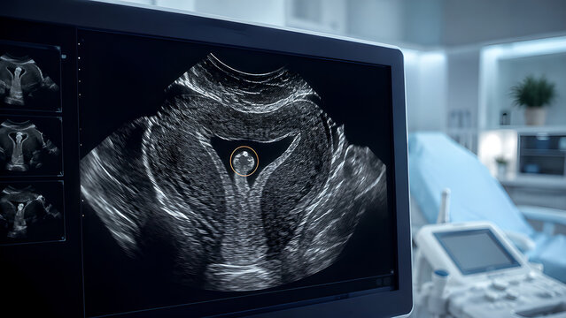 Endometrial polyp ultrasound radiology image showing early-stage uterine cavity lesion and endometrium in a clinical imaging room for gynecology diagnosis, medical education and patient education