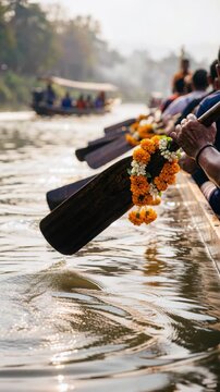 Vallam Kali snake boat race wooden oars decorated with marigold flower garlands during Onam festival Kerala India