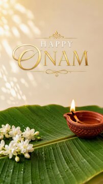 Happy Onam greeting with traditional oil lamp, banana leaf and jasmine flowers, elegant harvest festival celebration background with festive cultural decoration