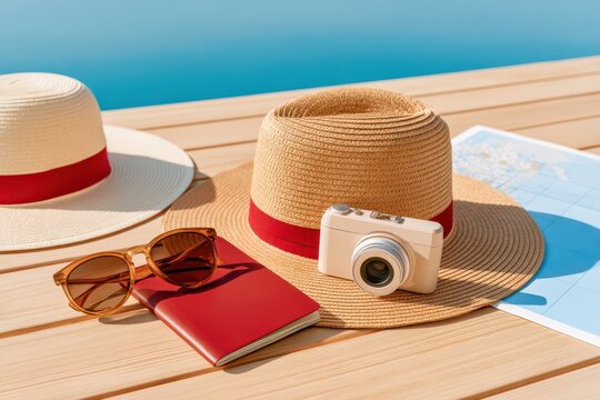 Travel essentials flat lay with straw hats camera sunglasses passport and map on wooden deck near blue water