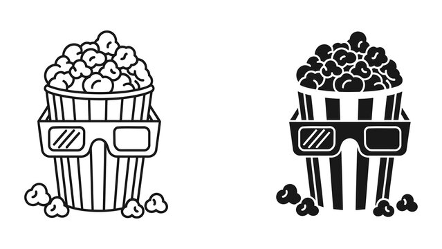 Bucket of popcorn with 3D glasses in clean black and white vector illustration